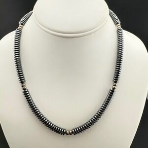 Hematite Beaded Necklace Sterling Silver Clasp Unisex Mens Womens Gemstone